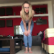 A pretty, blonde, Romanian girl wearing glasses takes a break from her studies when the urge to poop gives her severe cramps. She spreads her legs and takes a huge shit right there  on her living room floor. Presented in 720P HD. About 6 minutes.